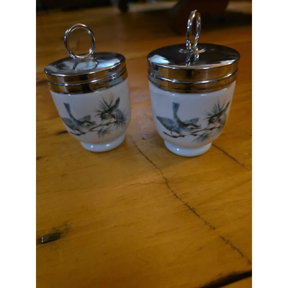 Royal Worcester Set Of 2 Birds Egg Coddlers Porcelain Chrome Lid England VINTAGE